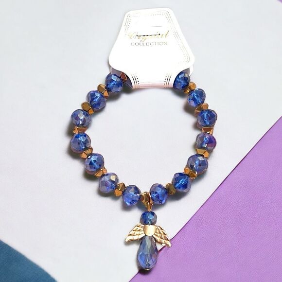 Blue Crystal Angel Charm Beaded Stretch Gold Tone Bracelet NWT - Picture 1 of 2